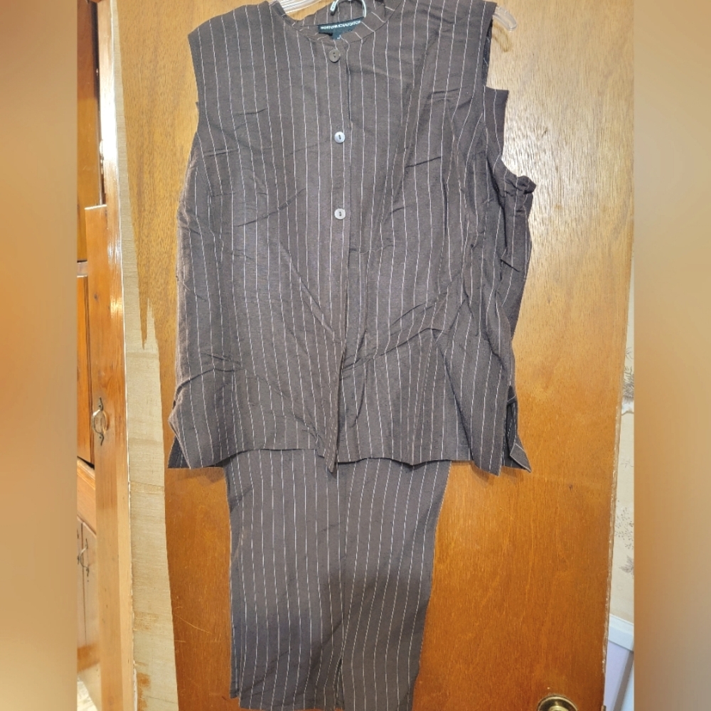 2 piece linen brown/white pin stripped pant suit